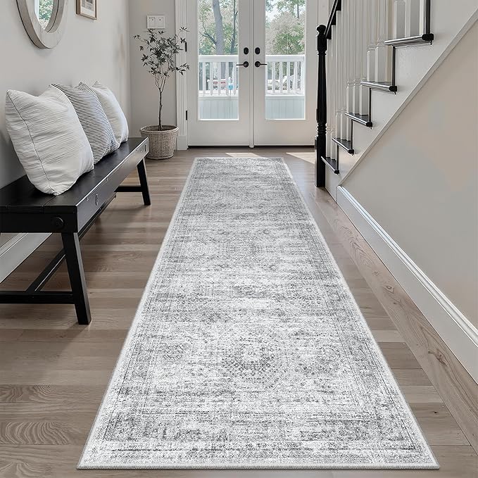 Runner Rug 2x7 Washable Non-Slip Hallway Runner Rugs for Kitchen Bathroom Laundry Room Grey Vintage Floor Carpet Runners for Hallways Entryway