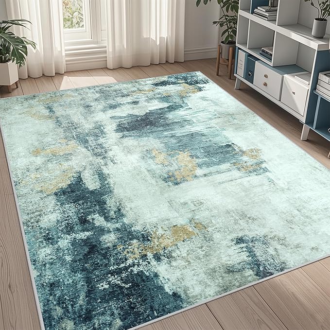 5x8 Area Rugs for Living Room Rug Washable: Abstract Rug for Dining Room Bedroom Carpet Non Slip 5 by 8 Indoor Modern Nursery Home Office Teal Grey Gold