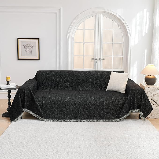 MYSKY HOME Couch Covers for Sofa, Black Couch Sofa Covers for 3 Cushion Couch Sofa, Non Slip Soft Sofa Cover, Couch Cover for Dogs Washable Furniture Protector, 91"x134", Black