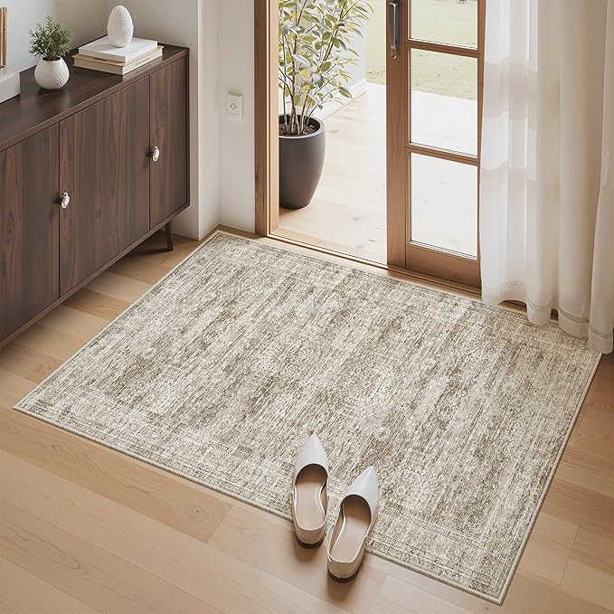 3x4 Rug, Small Area Rug for Kitchen, Entryway, Machine Washable Non-Slip Throw Rug, Vintage Carpet for Nursery Coffee Table Brown