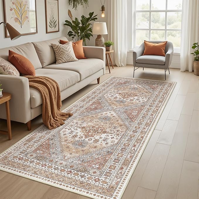 3x6 Runner Rug, Thin Entryway Non Slip Washable Rugs for Entryway, Runners for Hallways, Low Pile Vintage Soft Rugs for Living Room, Kitchen, Bedroom Rug(Orange,3'x6')