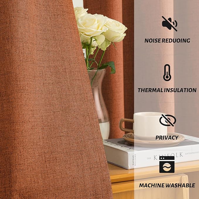 Yakamok Burnt Orange Linen Curtains 100% Blackout 90 Inches Long,Room Darkening Textured Curtains for Living Room Thermal Grommet Bedroom Curtains 2 Panels with White Liner