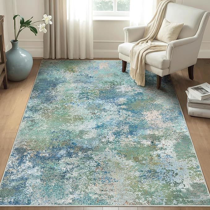 Area Rugs 5x7 for Living Room Bedroom, Modern Abstract Machine Washable Rug, Large Soft Low Pile Floor Carpet with Non Slip Backing for Dining Room, Blue Green