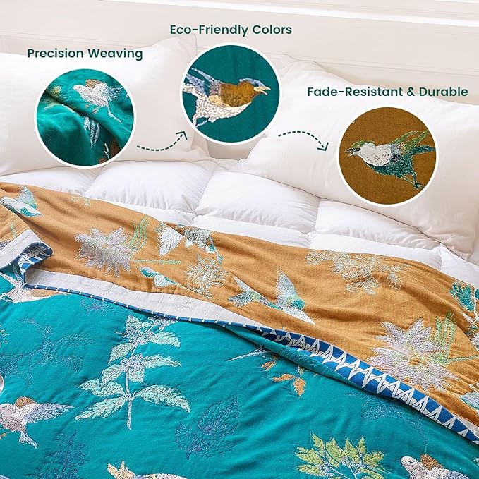 MSGKV The Boho Layer: 50"x60" Cotton Throw Blanket – Lightweight & Reversible Aviary Botanical Pattern, Decorative Accent for Couch Snuggles, Bed Layers & Road Trips