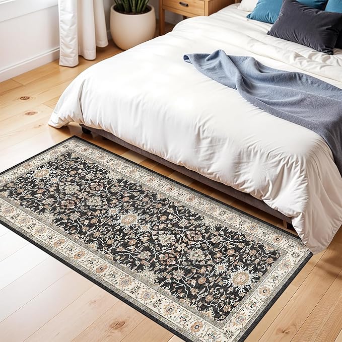 Washable 2x5 Entryway Runner Rug: Stain Resistant Carpet with Non Slip Backing for Kitchen Hallway Soft Low Pile Throw Mat for Floor Durable Indoor Mat for Living Room Bedroom Bathroom (Black, 2x5)