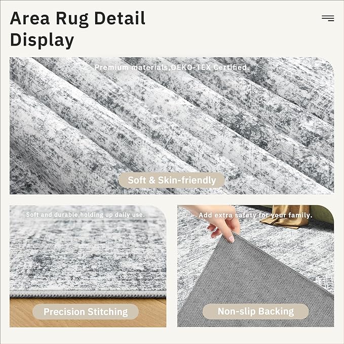 4x10 Wide Hallway Runner Rug: Washable Soft Rug Runners for Living Room Bedroom Ktichen, Stain Resistant Low Pile Area Rugs Non Slip Floor Carpet (Grey, 4x10)