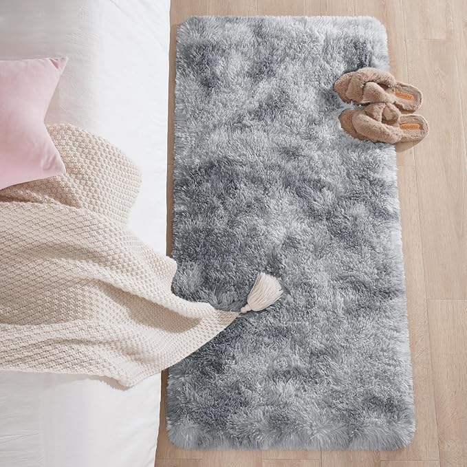 Chicrug Soft Runner Rugs for Bedroom Living Room Plush Fluffy Rug 2x4 Feet, Shag Furry Area Rug Carpet Non Shedding for Nursery Children Kids Girls Room Home Decorative, Grey and White