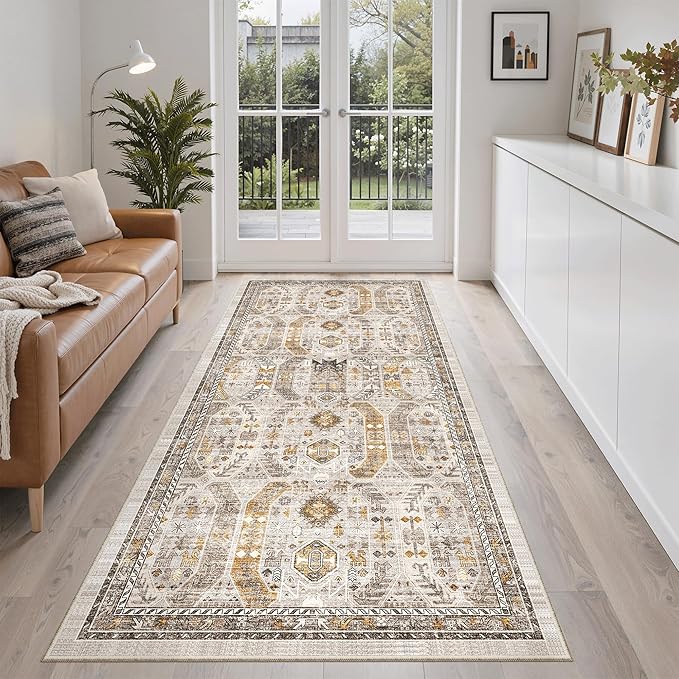 Madane Hallway Runner Rug 3x6 - Washable Kitchen Rugs Entryway Rug Runner Vintage Soft Floor Mat Non Slip Indoor Farmhouse Carpet for Bathroom Living Room Bedroom (3 X 6, Brown/Gold)