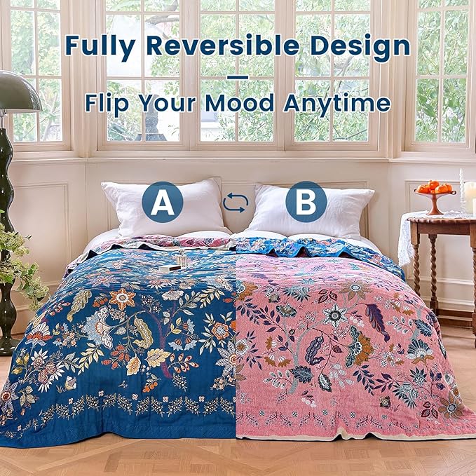 MSGKV Boho Throw Blanket for Couch 50"x60" 100% Cotton Floral Blanket Spring Breathable Lightweight Muslin Home Decorative Blankets for Sofa