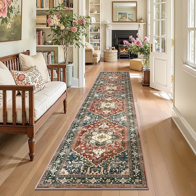 Yamaziot Washable Runner Rug, 2x10 Non-Slip Boho Vintage Hallway Rug Runner with Rubber Backing, Stain Resistant & Low Pile Faux Wool Distressed Carpet Runner for Kitchen, Laundry, Entrance