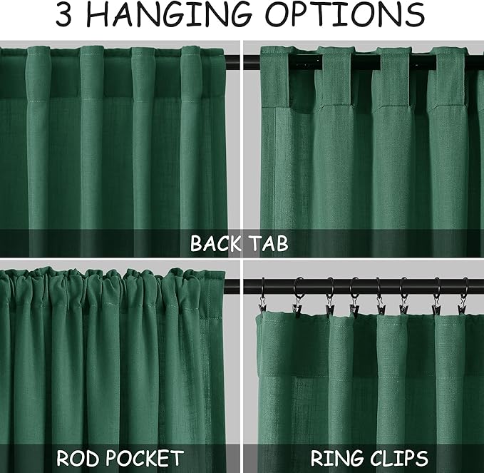 Dark Green Linen Curtains 90 Inch Long 2 Panels Set for Bedroom Living Room Emerald Green Linen Textured Window Drapes Semi Sheer Light Filtering Rod Pocket Back Tab Farmhouse Curtain 52x90