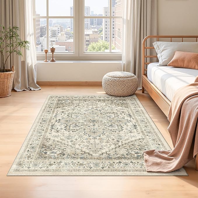 3x5 Area Rugs for Entryway, Kitchen Rugs Non Slip Washable for Dining Room, Vintage Floral Soft Living Room Area Rug, Thin Rug Indoor for Bedroom, Kids Room Decor(Brown,3x5)