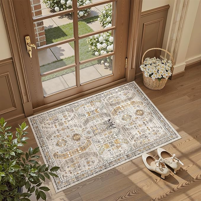 Madane Washable Area Rug 2x3, Small Entryway Rug Non-Slip Vintage Door Mat Indoor Entrance, Low Pile Floor Carpet for Inside Front Door Bedroom Kitchen Entry Laundry (2'x3', Brown/Gold)