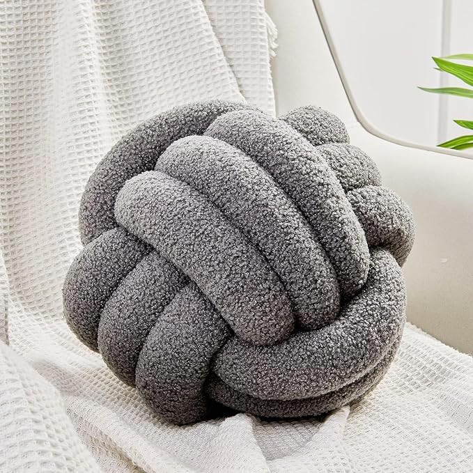 Uvvyui Knot Pillow Ball, Soft Home Decorative Pillows, Round Throw Pillow, Handmade Knotted Plush Pillow, Round Boucle Pillow Cushion (11 Inches Dark Gray)