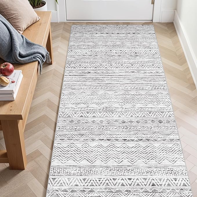 3x6 Washable Hallway Runner Rug - Moroccan Non-Slip Long Runners for Entryway Soft Modern Geometric Low-Pile Rugs for Kitchen Waterproof Neutral Carpet for Bedroom Bathroom Laundry 3x6 Grey