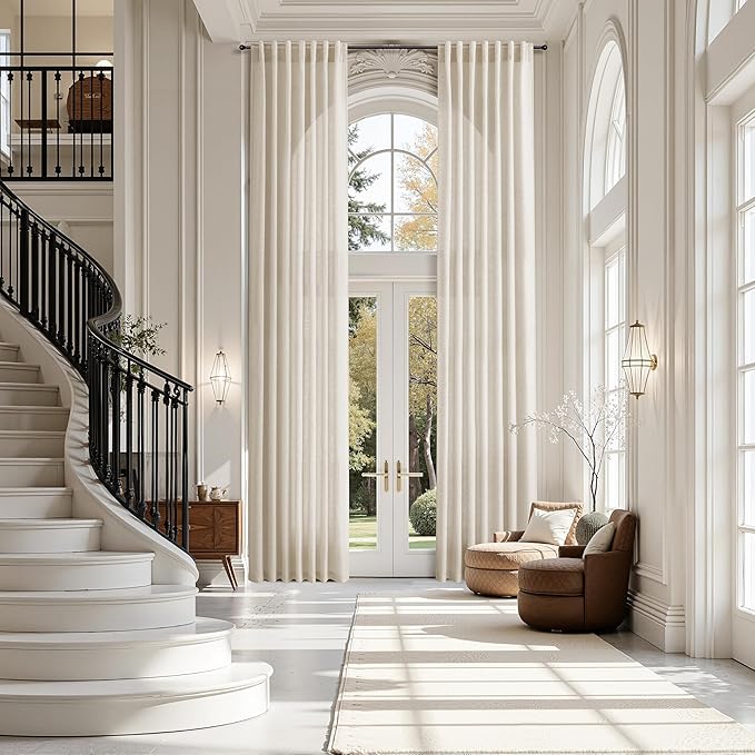 Cream Beige Linen Curtains 132 Inch Length for Living Room Light Filtering Semi Sheer Curtain Back Tab Modern Farmhouse Decor Elegant Drapes Floor to Ceiling High Window for Bedroom 52x132, 2 Panels