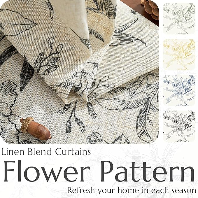 jinchan Floral Curtains 84 Inches Long Black Flower Linen Farmhouse Curtain for Living Room French Country Vintage Curtain Rod Pocket Curtains Set 2 Panels Balck Floral Printed