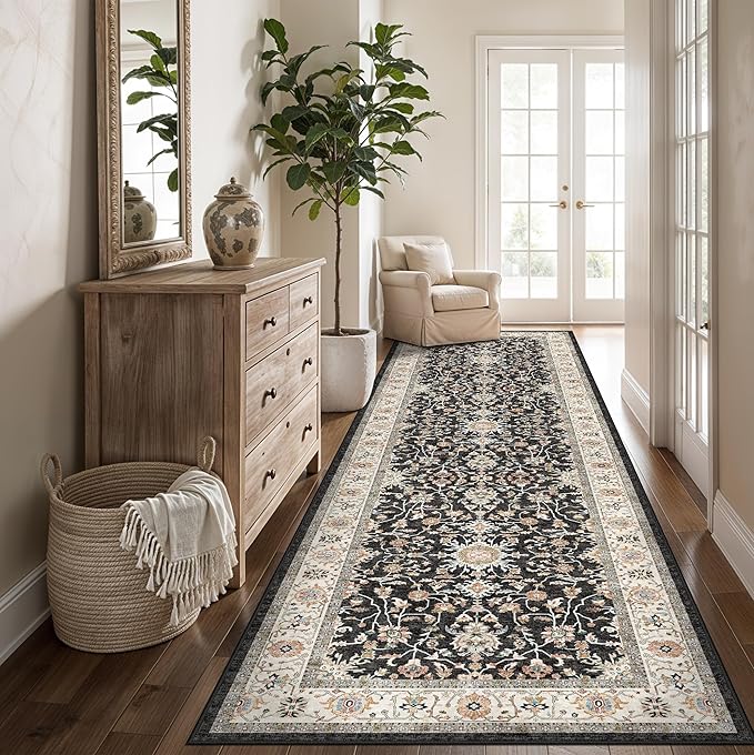 Washable 3x10 Hallway Runner Rug: Black Vintage Rug Runner Ultra Soft Low Pile Stain Resistant Carpet for Kitchen Living Room Bedroom Entryway Durable Thin Indoor Floor Mat (Black, 3x10)