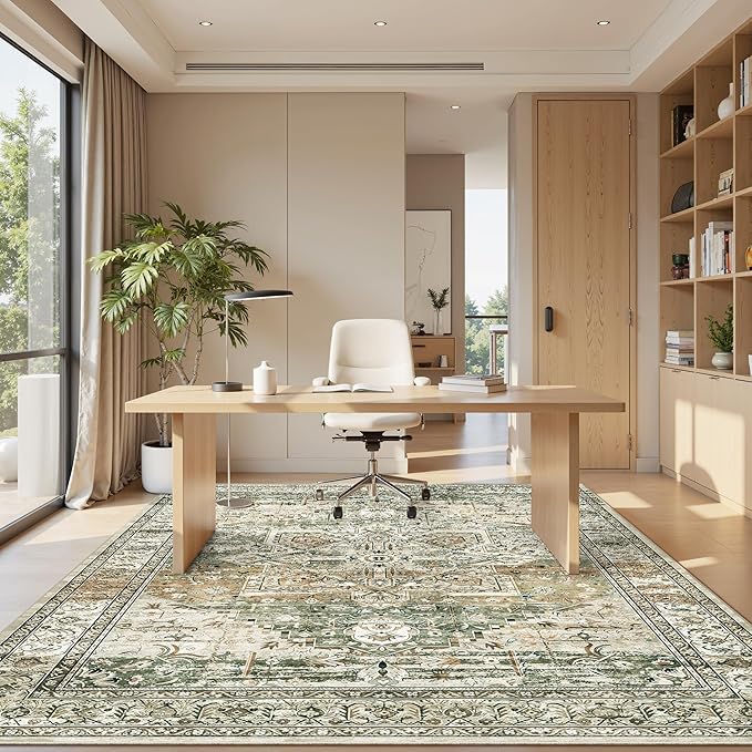 Soalmost 5x7 Area Rugs Low Pile Indoor Washable Trendy Faded Style Rugs for Bedroom Living Room Dining Room Foldable Non-Slip Thin Print Mat Green Olive Beige
