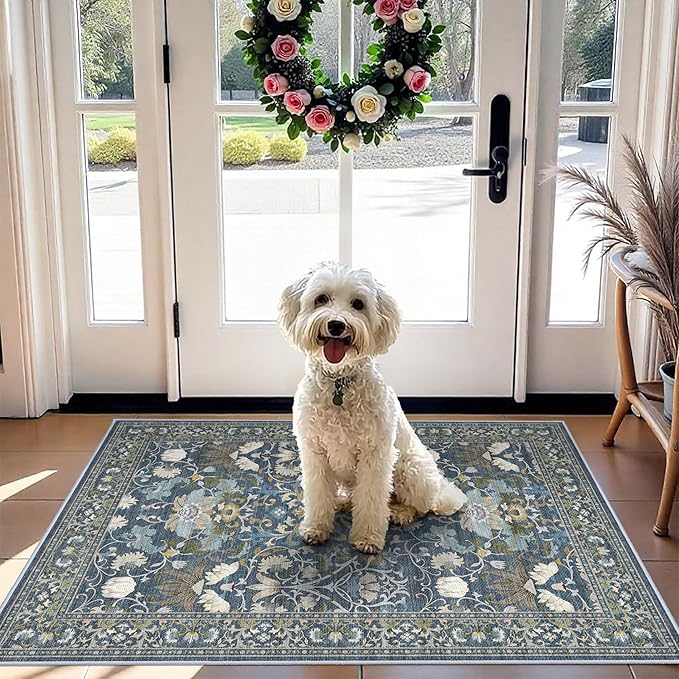 Washable 2x3 Runner Rug for Entryway: Easy-Clean Carpet with Non-Slip Backing for Bedroom Kitchen Stain-Resistant Shedding-Free Floor Mat – Perfect for High-Traffic Areas with Pets (2x3,Floral/Blue)