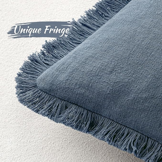 MIULEE Decorative Throw Pillow Covers Neutral Linen Fringe Throw Pillows Set of 2 Blue Ashes Boho Farmhouse Cushion Covers with Tassels for Couch Sofa Bed Home Spring Decor 18x18 Inch