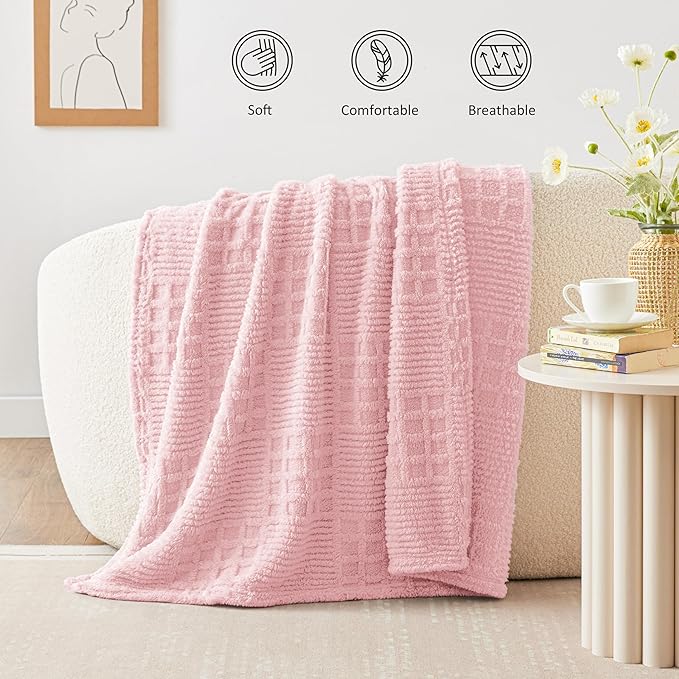 EXQ Home Fleece Throw Blanket for Couch or Bed - 3D Waffle Patchwork Pattern Jacquard Decorative Blankets - Cozy Soft Fuzzy Flannel Blanket Suitable for All Seasons(50"×60",Pink)
