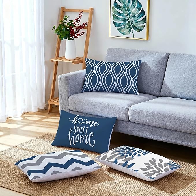 Hexagram Geometric Blue Pillow Covers 12x20 Set of 4, Decorative Outdoor Boho Modern Throw Pillow Covers, Home Sweet Home Farmhouse Cushion Case for Couch Sofa Bedroom Indoor Decor(No Insert)
