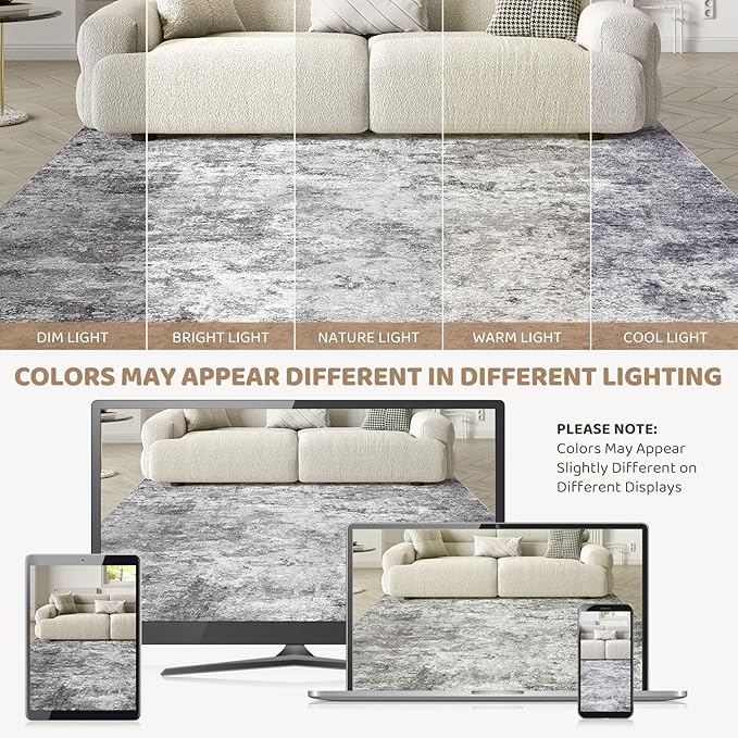 UERMEI Square Area Rugs : Washable 6x6 Neutral Modern Abstract Carpet for Living Room Bedroom - Soft Floor Mat with Non Slip Backing for Kitchen Nursery Dorms Farmhouse Home Decor - Grey
