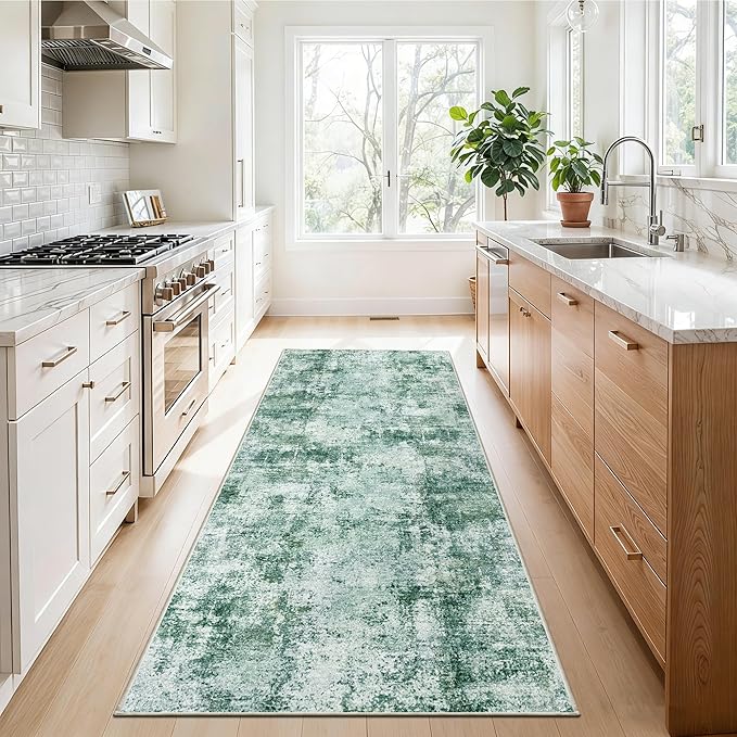 Hallway Runner Rug 2x8 Washable: Entryway Runners Rugs Non Slip Easy-to-Clean - Soft Living Room Bedroom Carpet - Thin Low Pile Printed Floor Mat for Dining Room Green