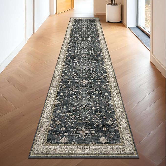 Hazo Haus Black Boho Washable 3x16 Extra Long Runner Rug for Hallway, Waterproof Large Kitchen Floor Rug, Non-Slip Stain & Fade Resistant, Vintage Floral Decor