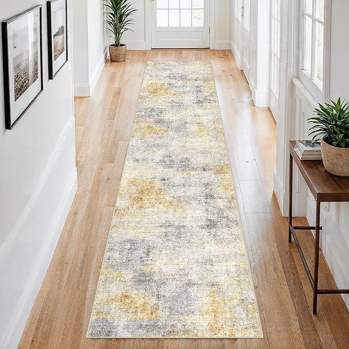 2x8 Washable Kitchen Runner Rug: Modern Abstract Runners for Hallway Soft Non Slip Rugs with Rubber Backing Low Pile Thin Waterproof Floor Carpet for Entryway Bedroom Bathroom Indoor 2x8 Grey/Yellow
