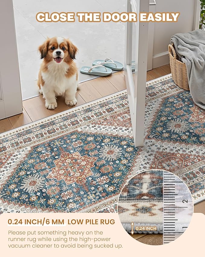 Kitchen Runner Rug Non Slip Washable 2.5x10, Soft Ultra-Thin Entryway Rug Runners for Hallways, Carpet Runner for Living Room,Kitchen, Laundry, Bathroom(Blue/Red,2.5'x10')