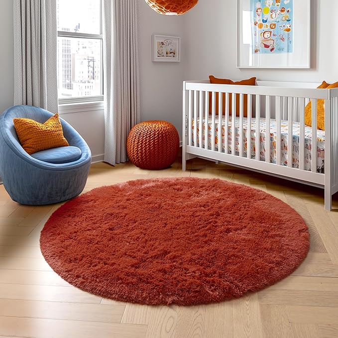 Amdrebio Terracotta Rust Round Circle Rug 6Ft for Bedroom Living Room, Fluffy Shaggy Furry Fuzzy Area Rugs for Kids Room Decor Aesthetic, Large Plush Shag Rustic Carpet for Nursery Playroom Classroom