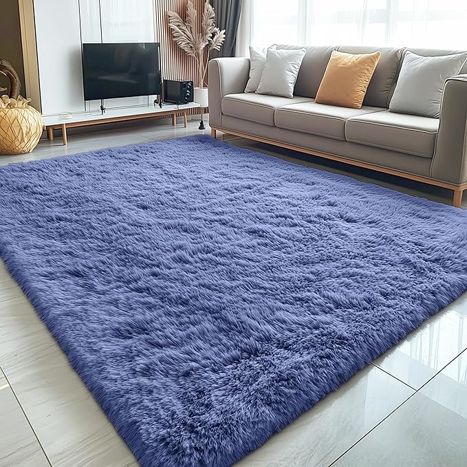 OLANLY 5x7 Machine Washable Large Area Rugs for Living Room, Bedroom, Soft Fluffy Shaggy Bedside Rug, Indoor Floor Carpet for Kids Girls and Boys, Dorms, Nursery, Home Decor Aesthetic, Denim Blue