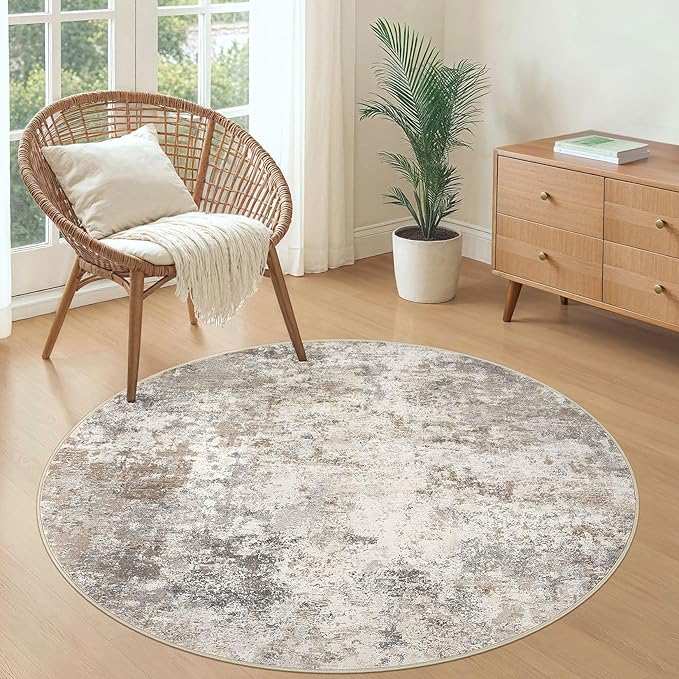UERMEI 4ft Round Area Rug Living Room Rugs - 4x4 Washable Neutral Modern Abstract Soft Thin Rug Indoor Floor No Slip Rug Carpet for Bedroom Under Dining Table Home Office Decor - Brown Grey