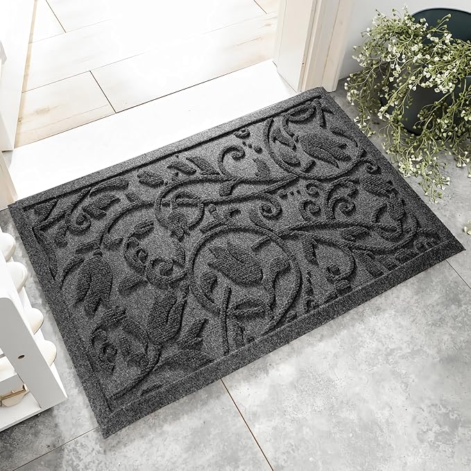 Boho Grey Floral Leaves Outdoor Indoor Entrance Doormats, Absorbent Durable Heavy Duty Welcome Front Door Mat,Thick Natural Rubber Back,Easy Clean Entryway Mat 17x30 Inch, Low Profile