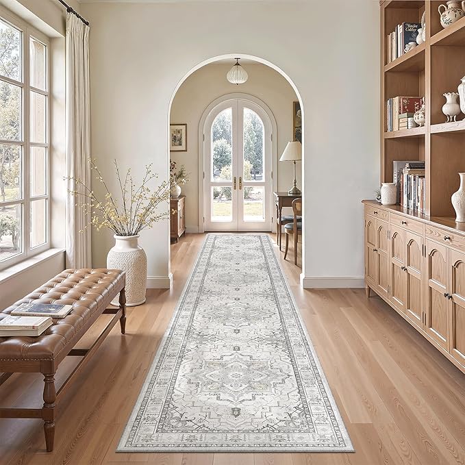Madane Hallway Runner Rug 2x12, Long Washable Runner Rugs 12ft with Rubber Backing, Non Slip Carpet Runner, Vintage Rug Runners for Kitchen Laundry Room Entryway (Grey, 2'x12')
