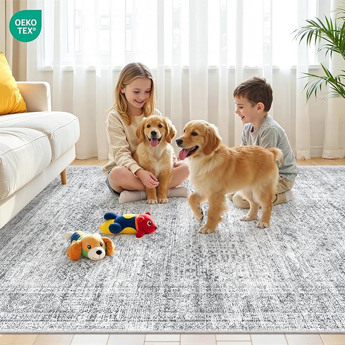 6x9 Rug for Living Room,Soft Low Pile Indoor Washable Rugs for Bedroom, Non-Slip Backing Vintage Large Area Rug, Printed Abstract Carpet(6'x9', Grey/Ivory)