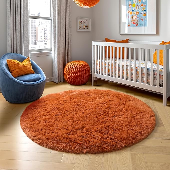 Amdrebio Burnt Orange Round Rugs 6Ft for Living Room Decor, Shaggy Plush Fuzzy Furry Circle Area Rugs for Bedroom Kids Room Aesthetic, Large Fluffy Shag Dark Orange Carpet for Nursery Dorm Classroom