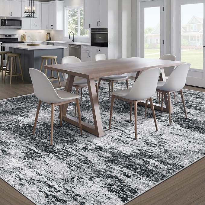 Area Rugs 10x14 Living Room: Washable Rug Modern Abstract Neutral Soft Non-Slip Low-Pile Indoor Large Carpet for Bedroom Dining Room Playroom Home Office (Black Grey, 10'x14')