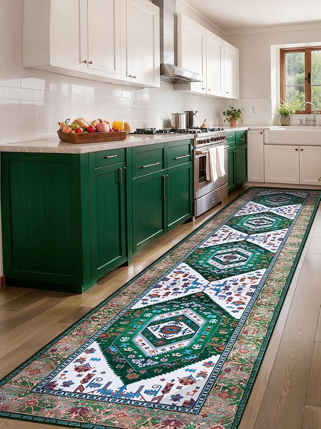 SERISSA Runner Rug for Hallways, 2'6"x12' Washable Non Slip Kitchen Runner Rug, Extra Long Boho Rug Ultra Soft Vintage Green White Print Floor Carpet for Bedroom Hallway Entryway Bathroom Laundry Room