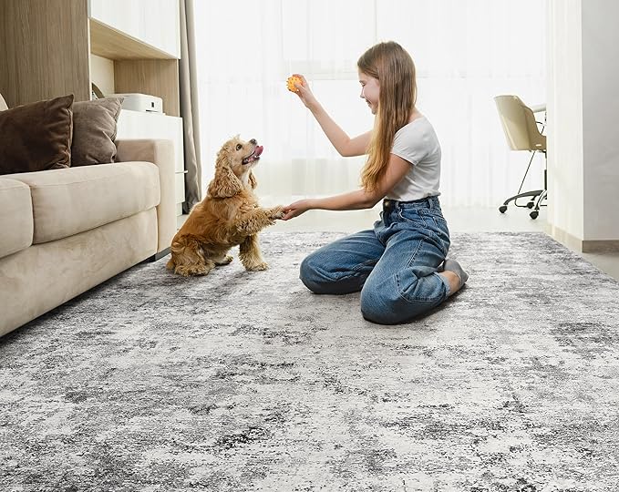8x10 Area Rug Living Room Rugs - Washable Neutral Modern Abstract Soft Thin Rug Indoor Floor No Slip Rug Carpet for Bedroom Under Dining Table Home Office Decor - Grey