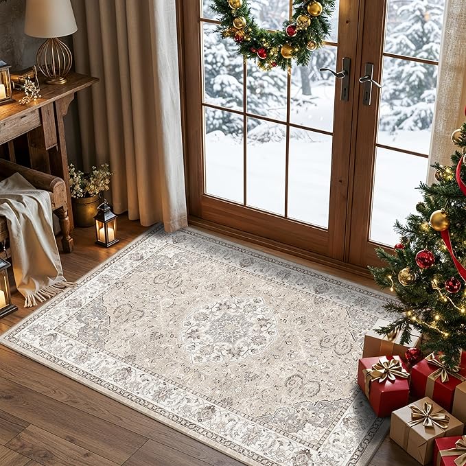 Washable Hallway 3x4 Floor Mats: Farmhouse Non-Slip Kitchen Sink Area Rug Water-Resistant Small Carpet for Living Room Bathroom Thin Soft Doormat Easy-Clean Decorative Rug for Pets Family(3x4,Beige)