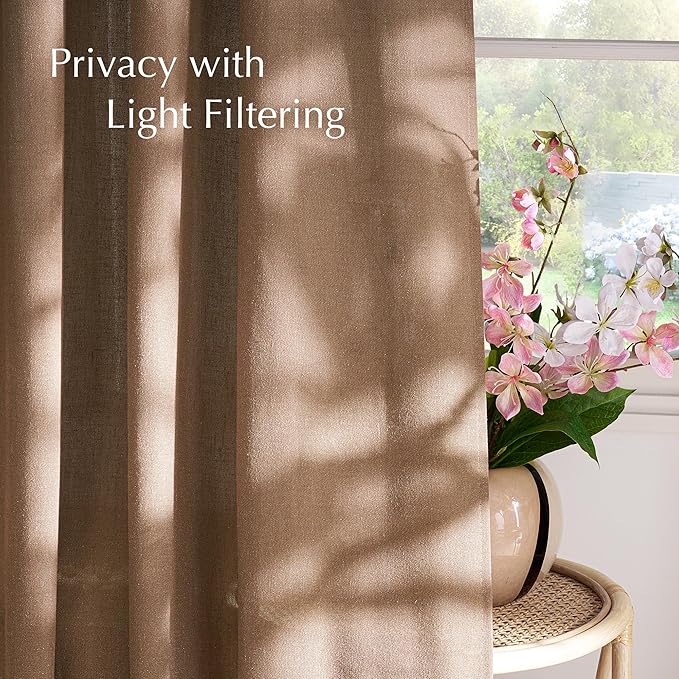 NICETOWN Linen Gold Brown Curtains for Living Room, Rustic Grommet Semi Sheer Linen Blend Privacy Assured with Light Filtering for Living Room/Bedroom, W55 x L96, 2 Panels