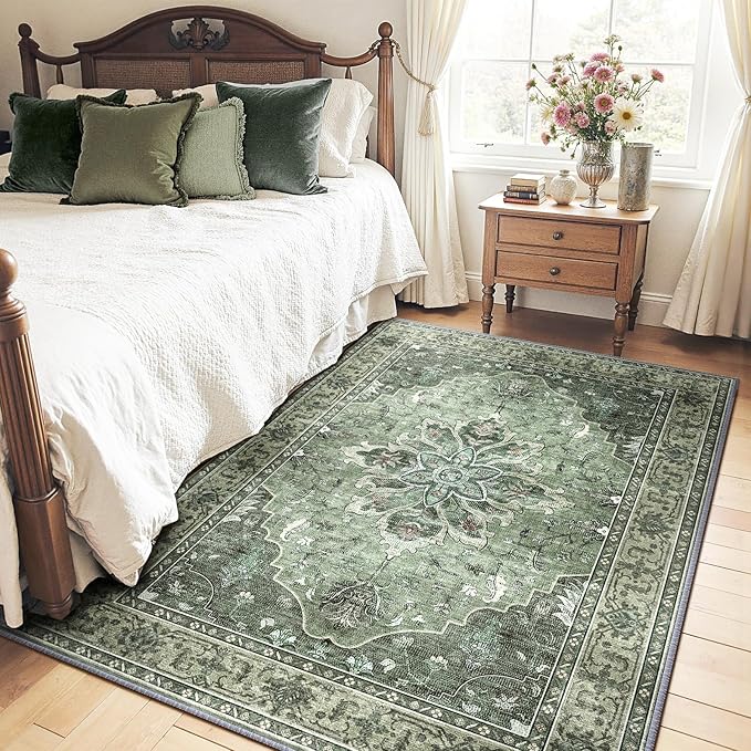 Area Rugs 4'x5' Washable Non-Slip, Floral Vintage Distress Print Pattern Medallion Carpet for Living Room Bedroom Dining Room, Dark Green Gray