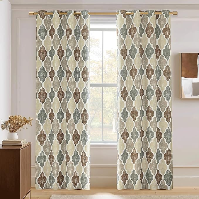 Beauoop 100% Blackout Curtains 96 Inches Long 2 Panels for Bedroom Living Room Brown Grey Moroccan Geo Room Darkening Thermal Insulated Soundproof Grommet Top Window Treatments Drapes, 50x96 Set of 2