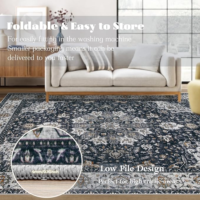 Area Rug 6x9 Washable Rug, Vintage Boho Medallion Rugs Non-Slip Soft Low Pile Large Distressed Rug Indoor Retro Carpet for Living Room Bedroom Dining Room Home Office (Vintage Black, 6'x9')