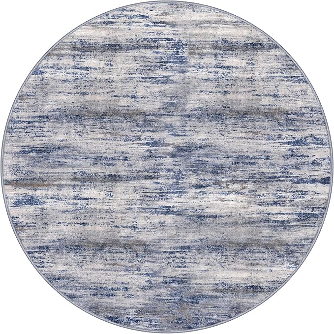 KOZYFLY Modern Abstract Circle Rug 3Ft, Washable Kitchen Round Rug Non-Slip Soft Small Bathroom Rug, Grey-Blue Striped Entryway Rugs Faux Wool Doormat for Bedside Entrance Bedroom Sink