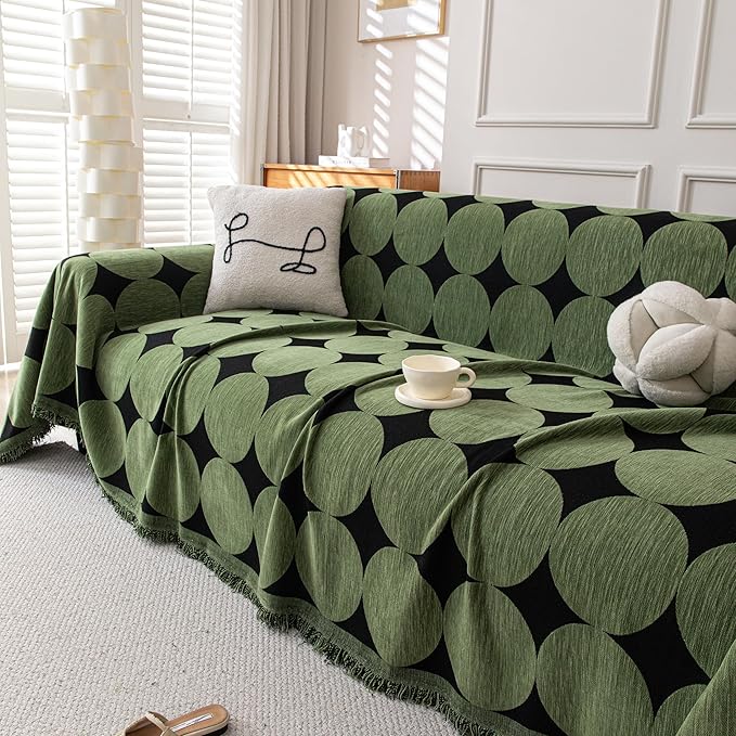 Boho Chenille Couch Cover for Dogs, Non Slip Sofa Cover, Couch Slipcover Covers for 3 Cushion, Furniture Protector with Tassels for Pets Washable, 71"x118", Circle Green