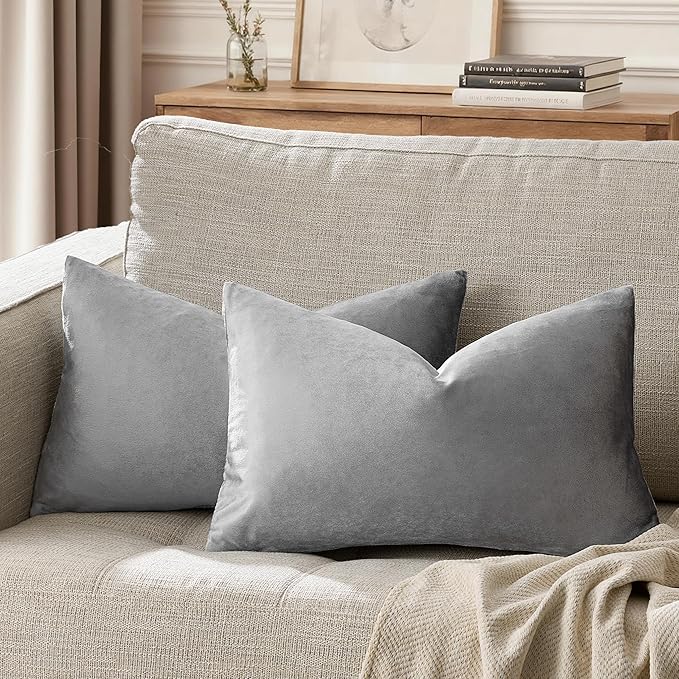 GIGIZAZA 12x20 Velvet Small Pillow Covers, Set of 2 Dark Grey Lumbar Throw Pillows Modern Covers for Living Room Decorative Luxury Solid Couch Sofa Pillow Cases